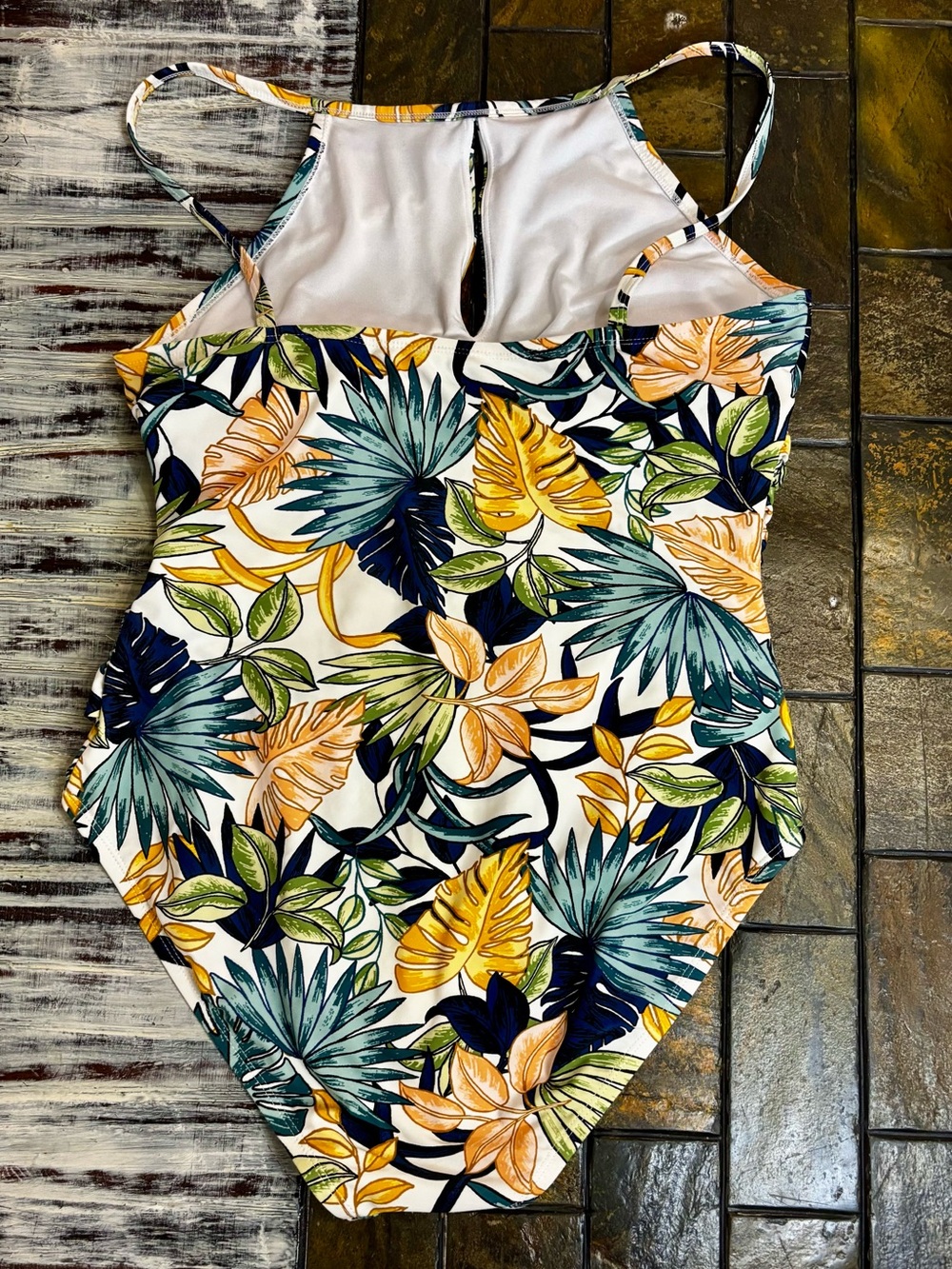 Ellen Tracy Floral Tropical One Piece Swimsuit Size 14 large Yellow Palms White - Picture 6 of 11